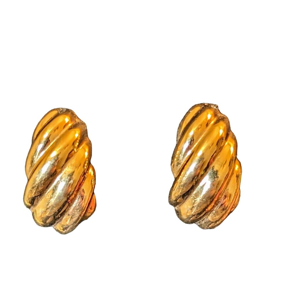 Givenchy Clip On Gold Tone Shrimp Half Hoop Paris New York Logo Vintage Earrings